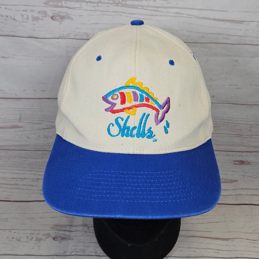 VTG KC Caps Baseball Cap Men's Adjustable Snapback Cream Blue Shells Fish Logo
